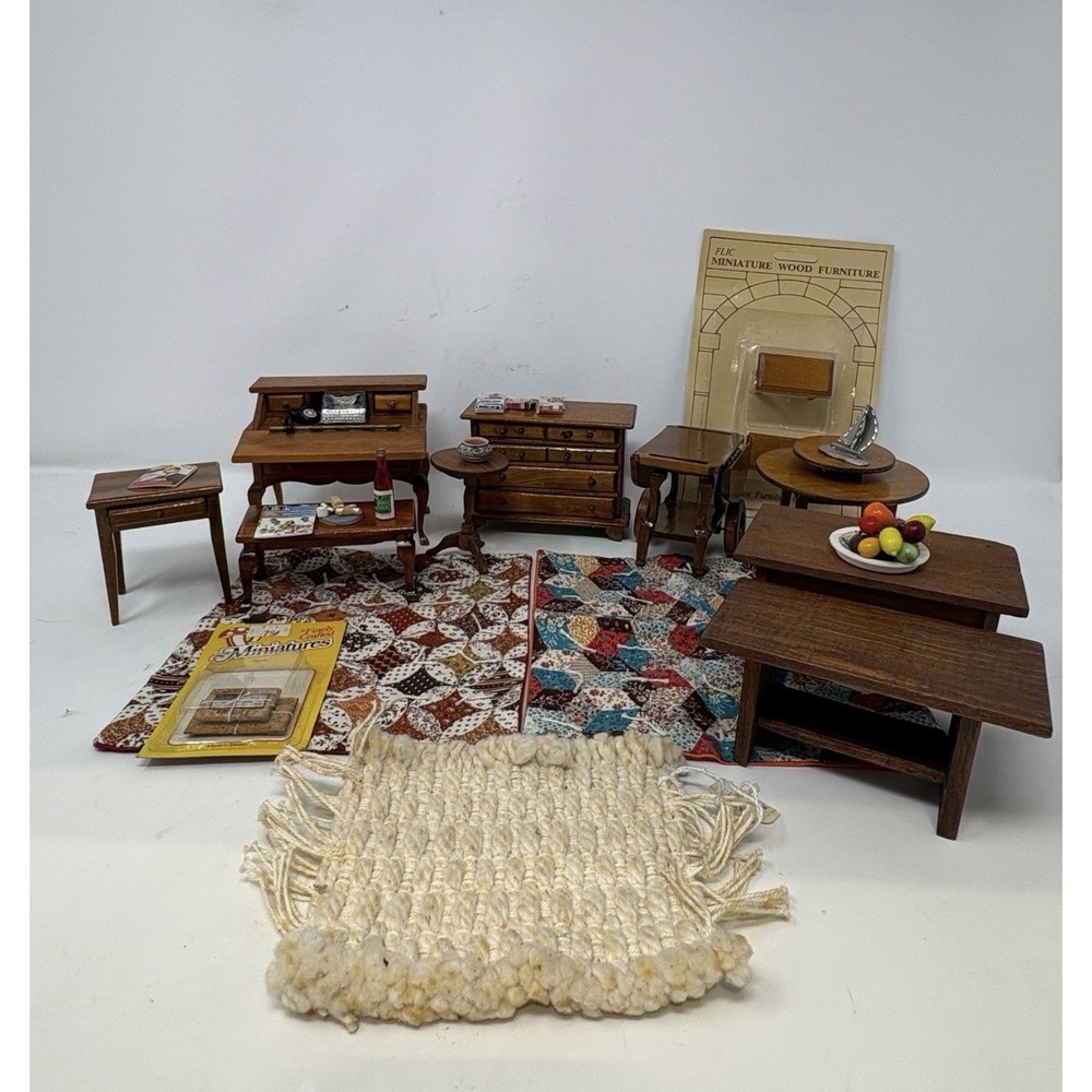 LOT  Of Vintage Doll House Wooden Furniture Desk Table Quilts